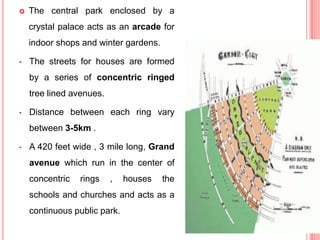  The central park enclosed by a
crystal palace acts as an arcade for
indoor shops and winter gardens.
• The streets for houses are formed
by a series of concentric ringed
tree lined avenues.
• Distance between each ring vary
between 3-5km .
• A 420 feet wide , 3 mile long, Grand
avenue which run in the center of
concentric rings , houses the
schools and churches and acts as a
continuous public park. 22
 