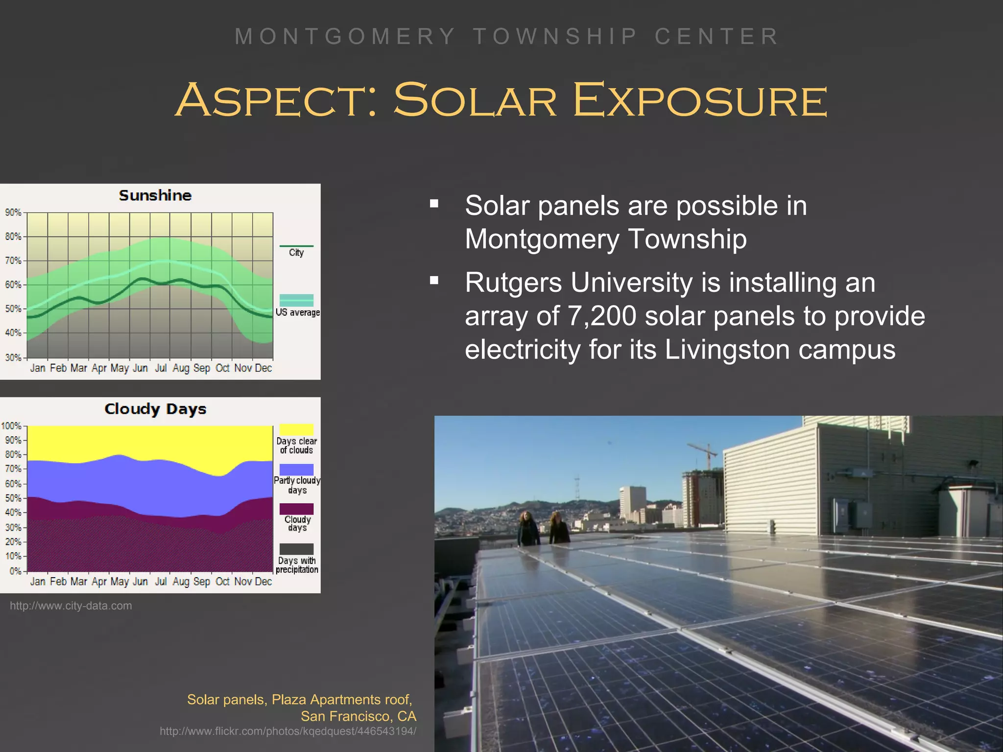 Aspect: Solar Exposure Solar panels, Plaza Apartments roof,  San Francisco, CA http://www.flickr.com/photos/kqedquest/446543194/ Solar panels are possible in Montgomery Township Rutgers University is installing an array of 7,200 solar panels to provide electricity for its Livingston campus http://www.city-data.com 