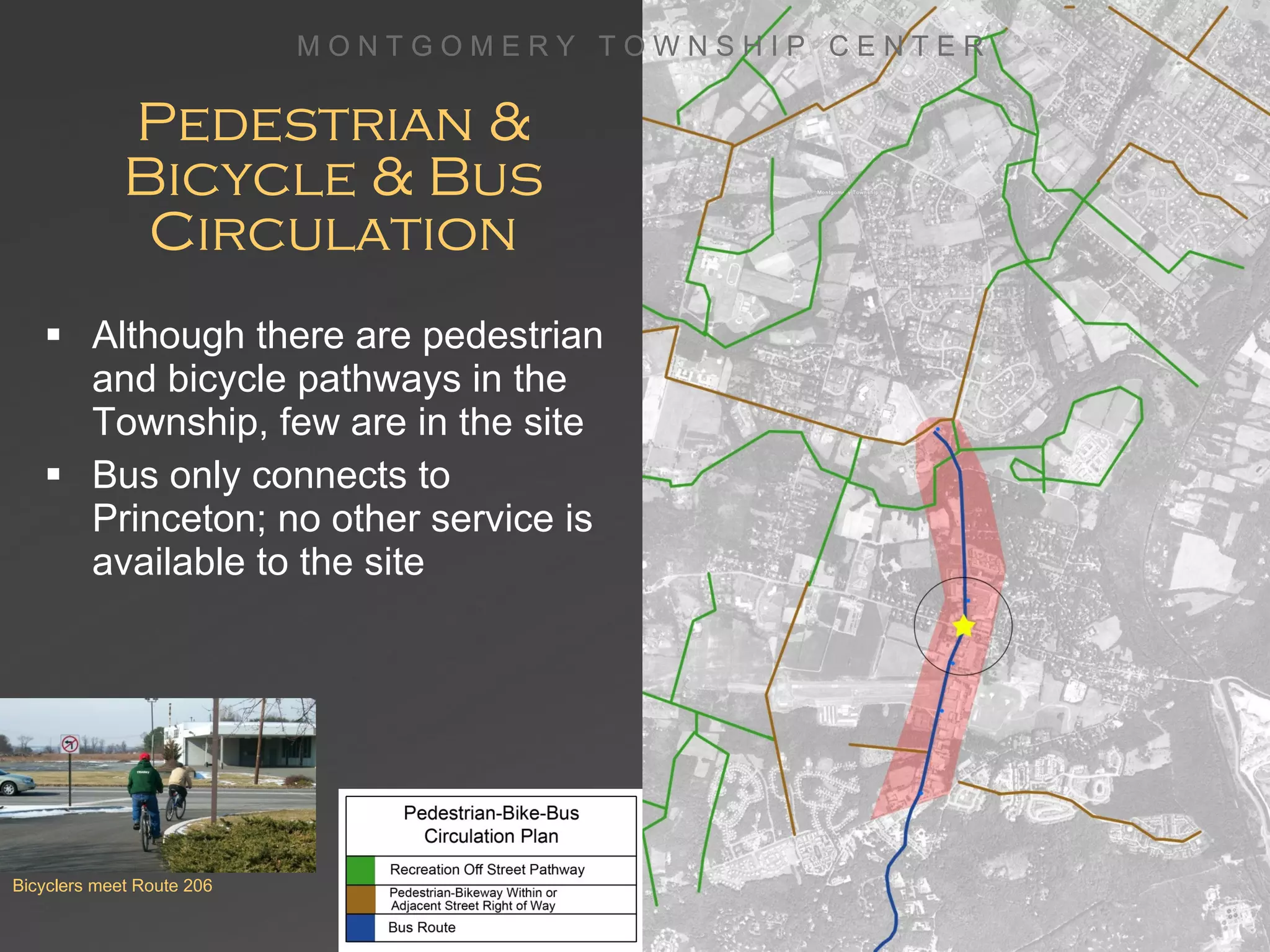 Pedestrian & Bicycle & Bus Circulation Although there are pedestrian and bicycle pathways in the Township, few are in the site Bus only connects to Princeton; no other service is available to the site M O N T G O M E R Y  T O W N S H I P  C E N T E R Bicyclers meet Route 206 