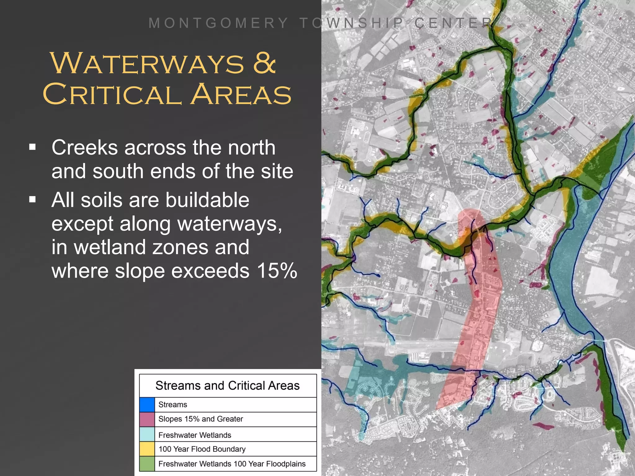 Waterways &  Critical Areas Creeks across the north and south ends of the site All soils are buildable except along waterways,  in wetland zones and where slope exceeds 15% M O N T G O M E R Y  T O W N S H I P  C E N T E R 
