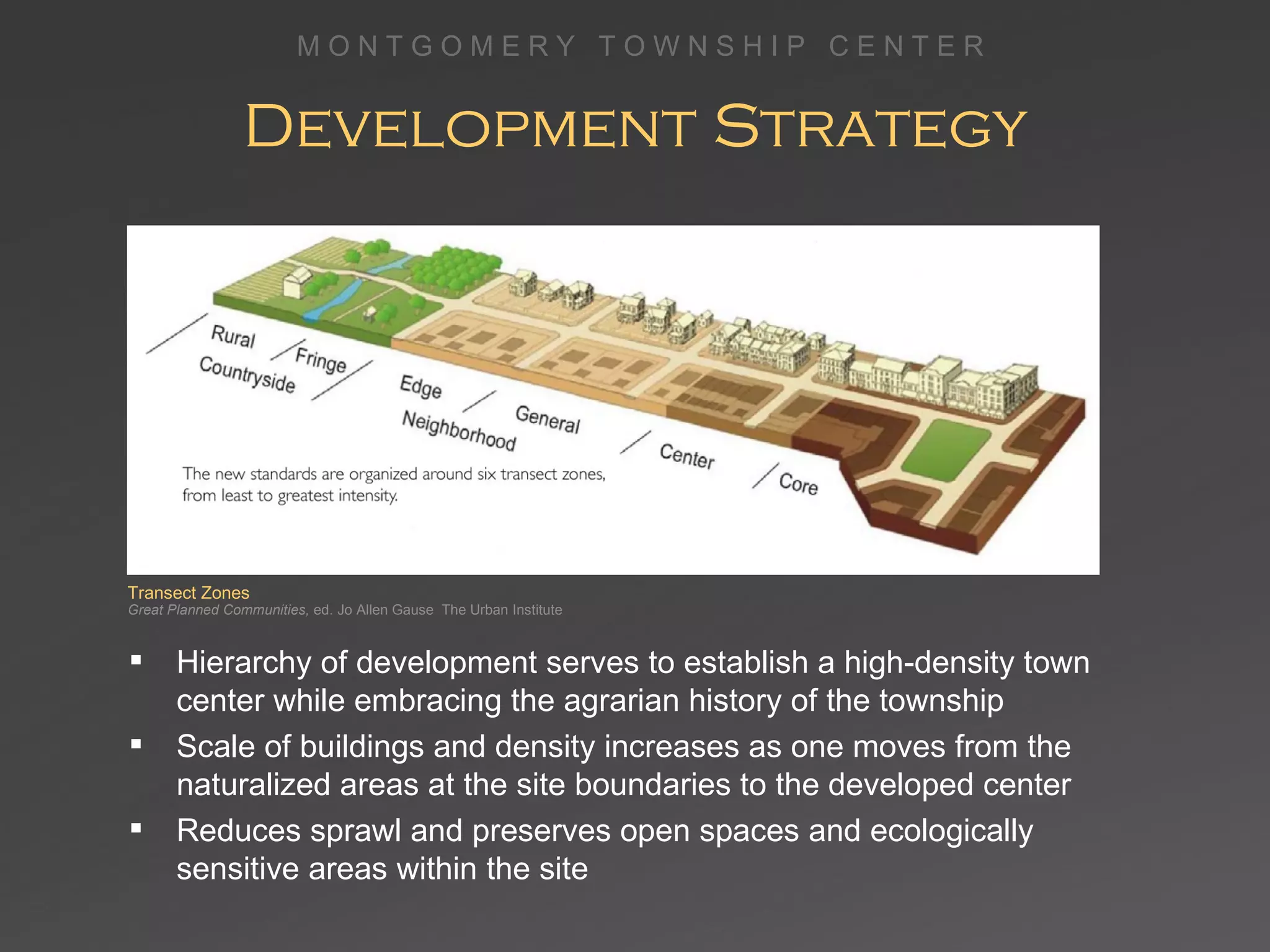 Development Strategy Hierarchy of development serves to establish a high-density town center while embracing the agrarian history of the township Scale of buildings and density increases as one moves from the naturalized areas at the site boundaries to the developed center Reduces sprawl and preserves open spaces and ecologically sensitive areas within the site  Transect Zones  Great Planned Communities,  ed. Jo Allen Gause  The Urban Institute 