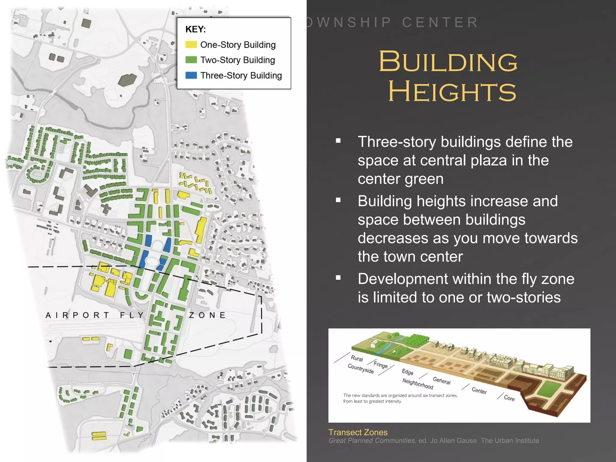 Building  Heights Three-story buildings define the space at central plaza in the center green Building heights increase and space between buildings decreases as you move towards the town center Development within the fly zone is limited to one or two-stories Transect Zones  Great Planned Communities,  ed. Jo Allen Gause  The Urban Institute 