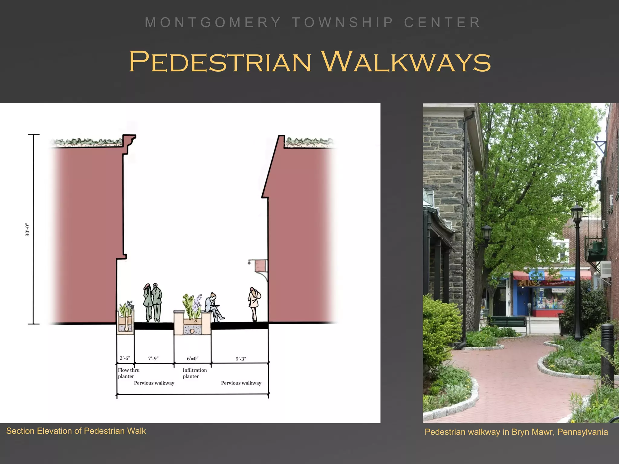 Pedestrian Walkways Section Elevation of Pedestrian Walk Pedestrian walkway in Bryn Mawr, Pennsylvania 