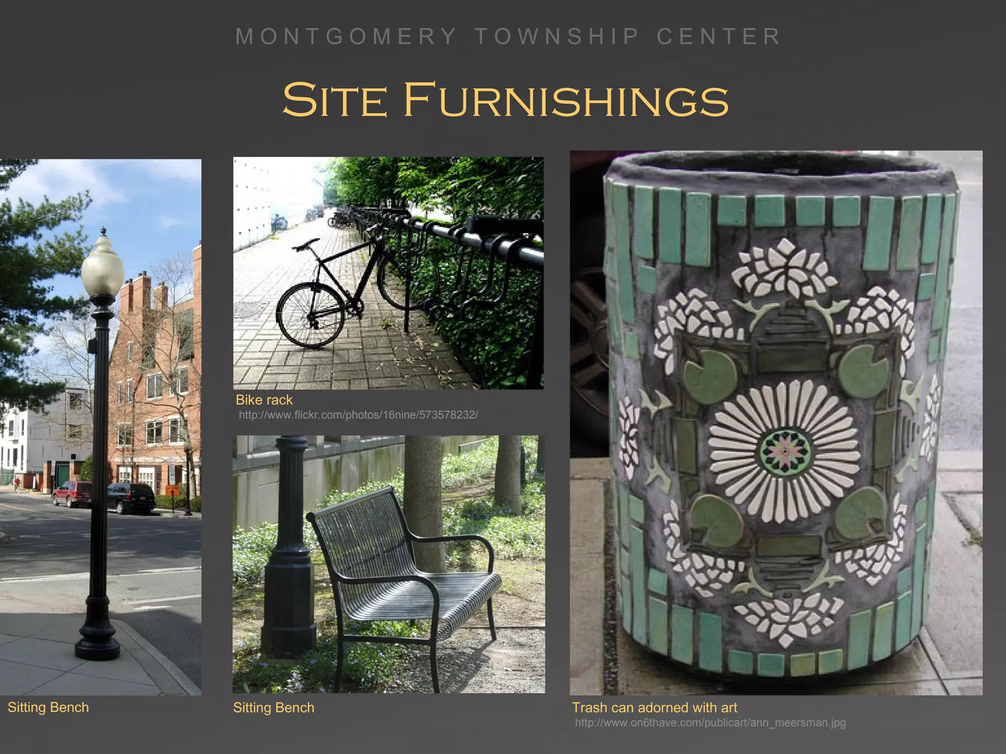 Site Furnishings Bike rack  http://www.flickr.com/photos/16nine/573578232/ Sitting Bench Sitting Bench Trash can adorned with art  http://www.on6thave.com/publicart/ann_meersman.jpg 