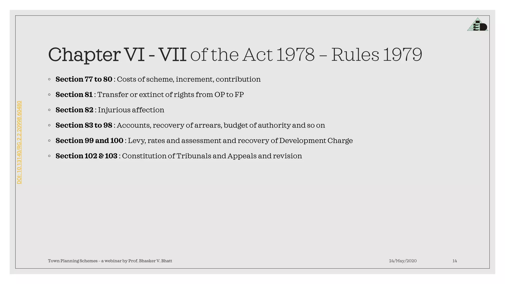 DOI:10.13140/RG.2.2.20998.60480
Chapter VI - VII of the Act 1978 – Rules 1979
◦ Section 77 to 80 : Costs of scheme, increment, contribution
◦ Section 81 : Transfer or extinct of rights from OP to FP
◦ Section 82 : Injurious affection
◦ Section 83 to 98 : Accounts, recovery of arrears, budget of authority and so on
◦ Section 99 and 100 : Levy, rates and assessment and recovery of Development Charge
◦ Section 102 & 103 : Constitution of Tribunals and Appeals and revision
24/May/2020Town Planning Schemes – a webinar by Prof. Bhasker V. Bhatt 14
 
