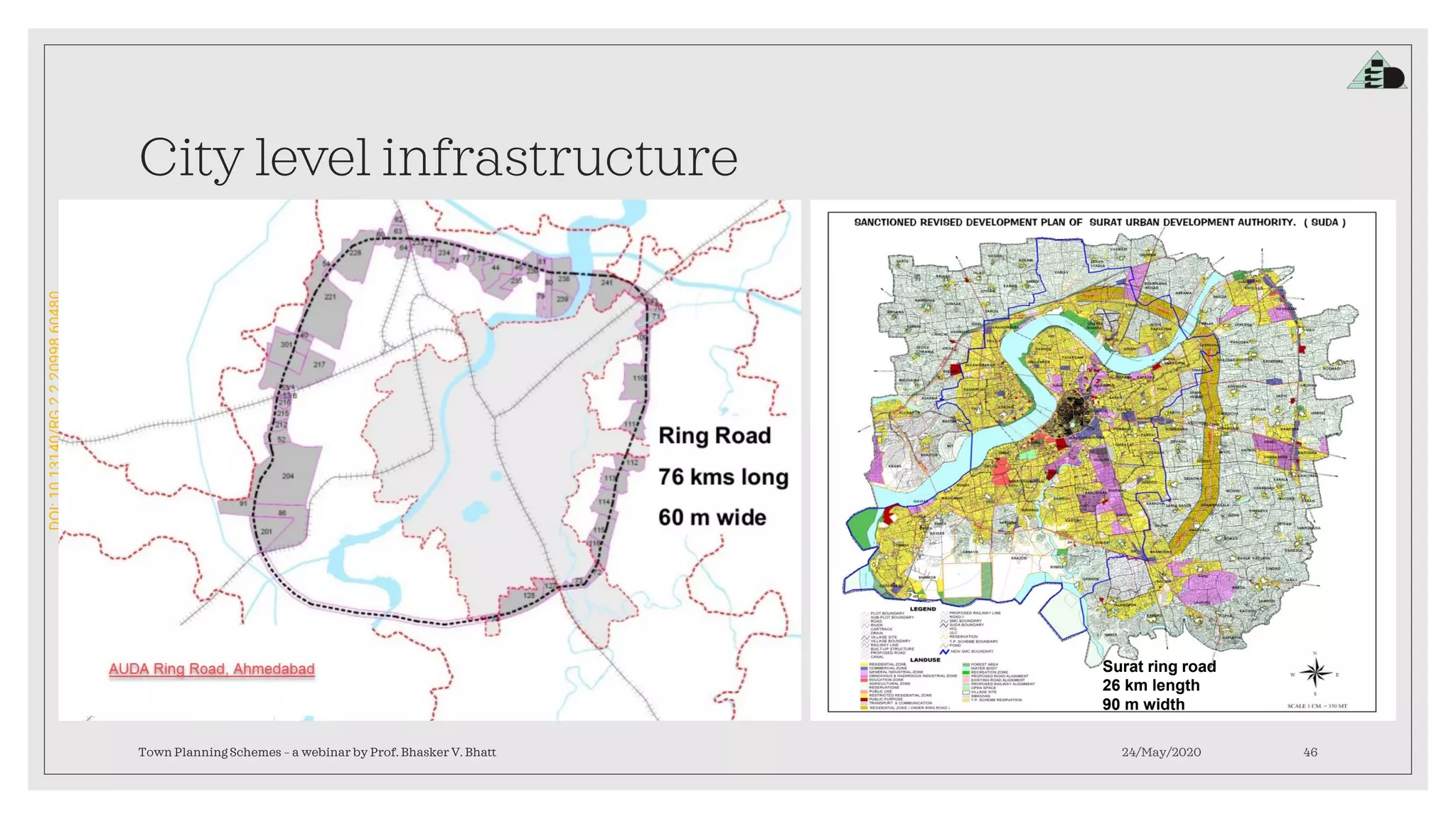 DOI:10.13140/RG.2.2.20998.60480
City level infrastructure
24/May/2020Town Planning Schemes – a webinar by Prof. Bhasker V. Bhatt 46
Surat ring road
26 km length
90 m width
 