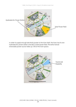 ENBE | Final Project | Part A – Report | The Better Livable Town
In order to supply enough electricity power to the town itself, the town has its own
hydroelectric power station and also a solar power field. This extra natural
renewable power source takes up 15% of the town space.
JOYCE WEE YI QIN| 0319602 | PN HAS | FNBE APR 2014 | Taylor’s University
24
Hydroelectric Power Station
Solar Power Field
Tourism and
Hospitality
 