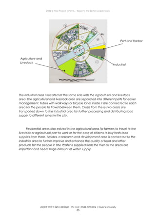 ENBE | Final Project | Part A – Report | The Better Livable Town
The industrial area is located at the same side with the agricultural and livestock
area. The agricultural and livestock area are separated into different parts for easier
management. Tubes with walkways or bicycle lanes inside it are connected to each
area for the people to travel between them. Crops from these two areas are
transported down to the industrial area for further processing and distributing food
supply to different zones in the city.
Residential areas also existed in the agricultural area for farmers to travel to the
livestock or agricultural part to work or for the ease of citizens to buy fresh food
supplies from there. Besides, a research and development area is connected to the
industrial area to further improve and enhance the quality of food and other
products for the people in HM. Water is supplied from the river as the areas are
important and needs huge amount of water supply.
JOYCE WEE YI QIN| 0319602 | PN HAS | FNBE APR 2014 | Taylor’s University
25
Agriculture and
Livestock
Industrial
Port and Harbor
 