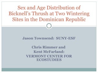 Jason Townsend:  SUNY-ESF Chris Rimmer and  Kent McFarland: VERMONT CENTER FOR ECOSTUDIES Sex and Age Distribution of Bicknell’s Thrush at Two Wintering Sites in the Dominican Republic 