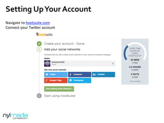 Setting	
  Up	
  Your	
  Account	
  
	
  
	
  
Navigate	
  to	
  hootsuite.com	
  
Connect	
  your	
  Twi(er	
  account	
  
 