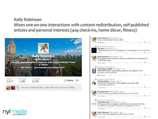 Kelly	
  Robinson	
  
Mixes	
  one-­‐on-­‐one	
  interactions	
  with	
  content	
  redistribution,	
  self-­‐published	
  
articles	
  and	
  personal	
  interests	
  (4sq	
  check-­‐ins,	
  home	
  décor,	
  ﬁtness)	
  
 