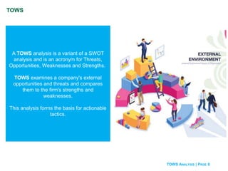 TOWS ANALYSIS | PAGE 8
TOWS
A TOWS analysis is a variant of a SWOT
analysis and is an acronym for Threats,
Opportunities, Weaknesses and Strengths.
TOWS examines a company's external
opportunities and threats and compares
them to the firm's strengths and
weaknesses.
This analysis forms the basis for actionable
tactics.
 