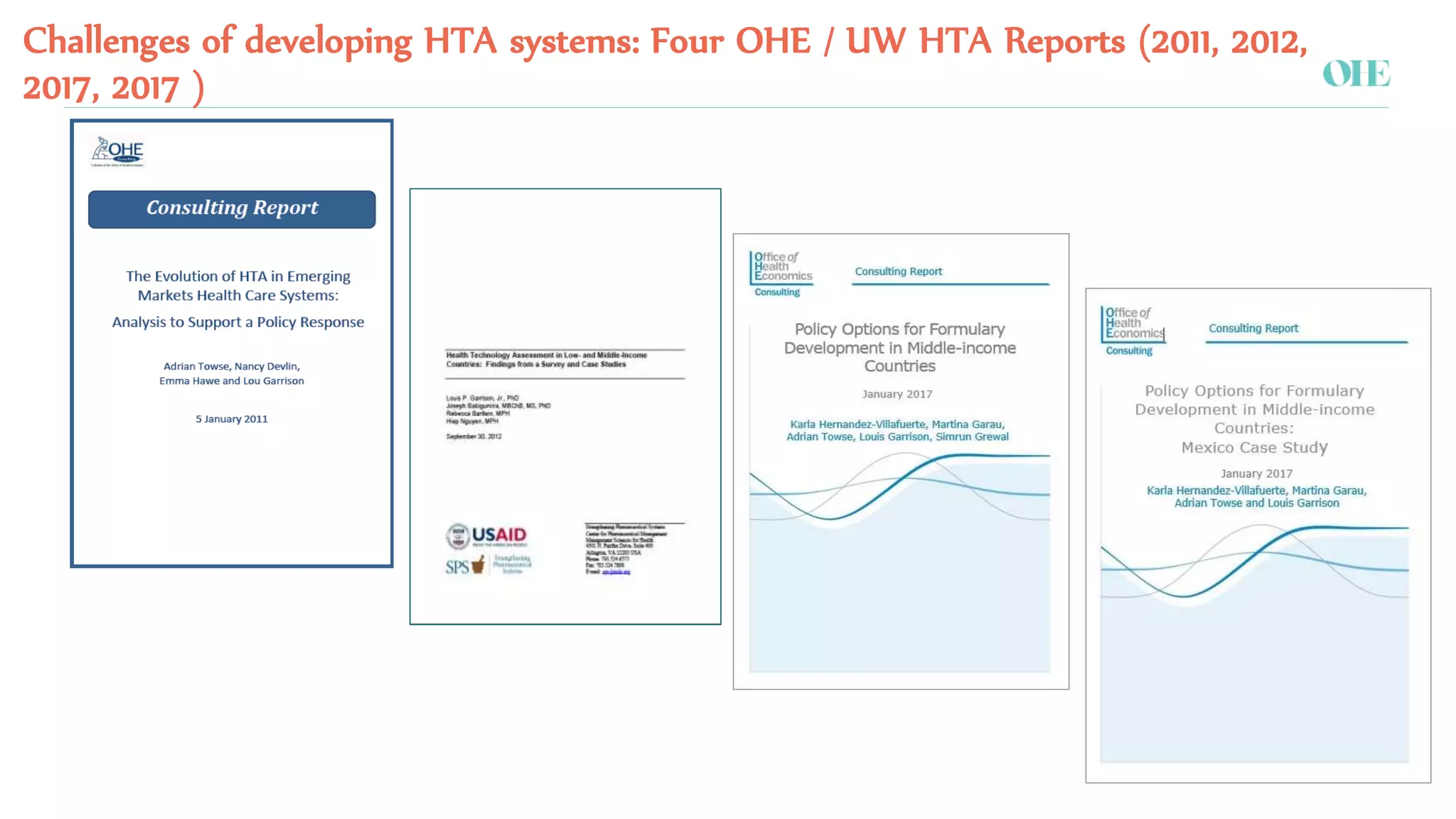 Challenges of developing HTA systems: Four OHE / UW HTA Reports (2011, 2012,
2017, 2017 )
 