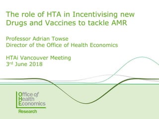 Professor Adrian Towse
Director of the Office of Health Economics
HTAi Vancouver Meeting
3rd June 2018
The role of HTA in Incentivising new
Drugs and Vaccines to tackle AMR
 