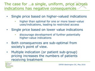 ISPOR Washington DC, May 2016
The case for …a single, uniform, price across
indications has negative consequences
• Single price based on higher-valued indications
• higher than optimal for one or more lower-value
uses/indications, leading to restricted access
• Single price based on lower value indications
• discourage development of further potentially
higher-value indications
• Both consequences are sub-optimal from
society’s point of view.
• Multiple indication (or patient sub-group)
pricing increases the numbers of patients
receiving treatment
 