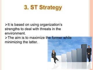 It is based on using organization’s 
strengths to deal with threats in the 
environment. 
The aim is to maximize the former while 
minimizing the latter. 
 