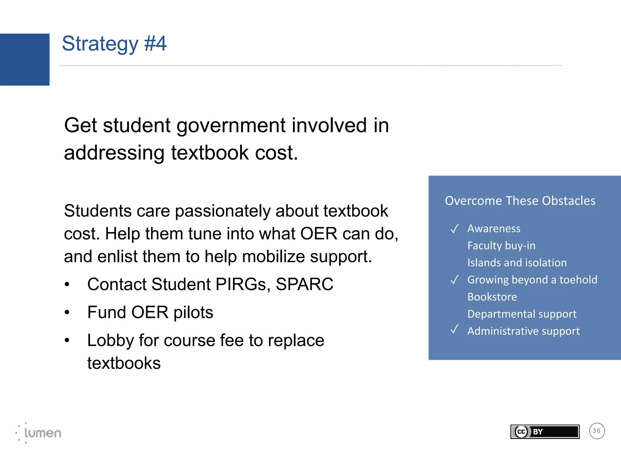 3 6
Strategy #4
Get student government involved in
addressing textbook cost.
Students care passionately about textbook
cost. Help them tune into what OER can do,
and enlist them to help mobilize support.
• Contact Student PIRGs, SPARC
• Fund OER pilots
• Lobby for course fee to replace
textbooks
✓
✓
✓
✓
Awareness
Faculty buy-in
Islands and isolation
Growing beyond a toehold
Bookstore
Departmental support
Administrative support
✓
✓
Overcome These Obstacles
✓
 