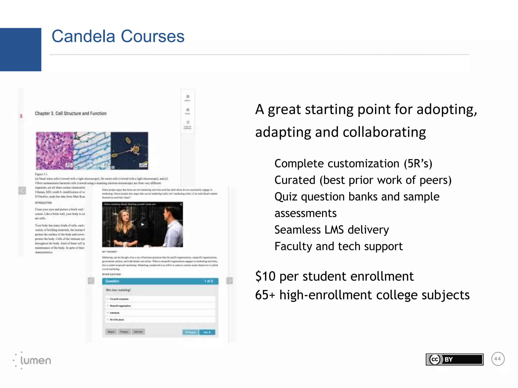 4 4
Candela Courses
A great starting point for adopting,
adapting and collaborating
Complete customization (5R’s)
Curated (best prior work of peers)
Quiz question banks and sample
assessments
Seamless LMS delivery
Faculty and tech support
$10 per student enrollment
65+ high-enrollment college subjects
 