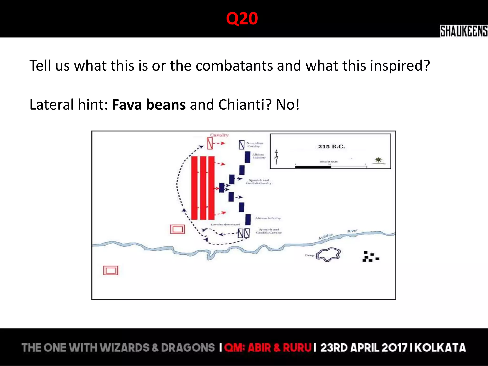 Q20
Tell us what this is or the combatants and what this inspired?
Lateral hint: Fava beans and Chianti? No!
 