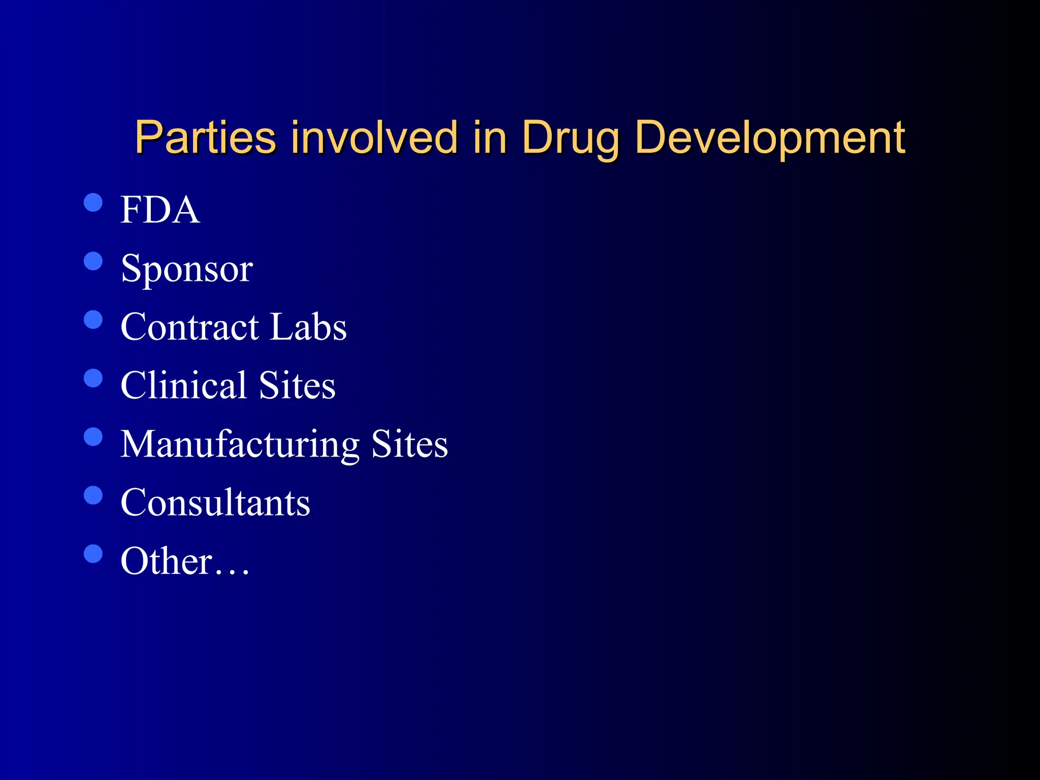 Parties involved in Drug Development
Parties involved in Drug Development
 FDA
 Sponsor
 Contract Labs
 Clinical Sites
 Manufacturing Sites
 Consultants
 Other…
 
