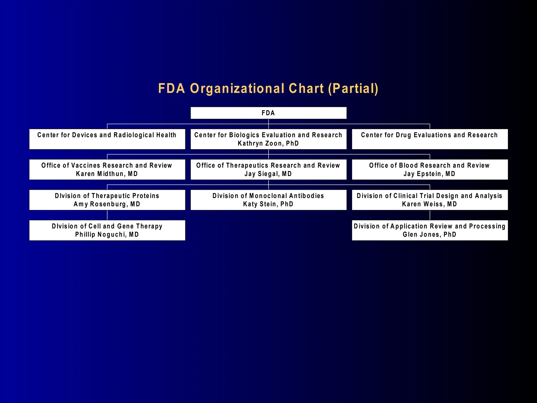 FDA Organizational Chart (Partial)
Center for Devices and Radiological Health
Office of Vaccines Research and Review
Karen M idthun, MD
DIvision of Cell and Gene Therapy
Phillip Noguchi, MD
DIvision of Therapeutic Proteins
Am y Rosenburg, MD
Division of Monoclonal Antibodies
Katy Stein, PhD
Division of A pplication Review and Processing
Glen Jones, PhD
Division of Clinical Trial Design and Analysis
Karen Weiss, MD
Office of Therapeutics Research and Review
Jay Siegal, MD
Office of Blood Research and Review
Jay Epstein, MD
Center for Biologics Evaluation and Research
Kathryn Zoon, PhD
Center for Drug Evaluations and Research
FDA
 