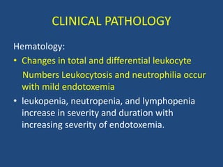 CLINICAL PATHOLOGY
Hematology:
• Changes in total and differential leukocyte
Numbers Leukocytosis and neutrophilia occur
with mild endotoxemia
• leukopenia, neutropenia, and lymphopenia
increase in severity and duration with
increasing severity of endotoxemia.
 