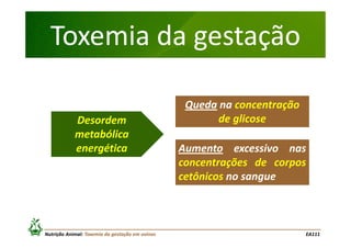 Toxemia da gestação
Desordem
metabólica
energética

Nutrição Animal: Toxemia da gestação em ovinos

Queda na concentração
de glicose
Aumento excessivo nas
concentrações de corpos
cetônicos no sangue

EA111

 