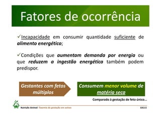 Fatores de ocorrência
Incapacidade em consumir quantidade suficiente de
alimento energético;
Condições que aumentam demanda por energia ou
que reduzem a ingestão energética também podem
predispor.
Gestantes com fetos
múltiplos

Consumem menor volume de
matéria seca
Comparado à gestação de feto único...

Nutrição Animal: Toxemia da gestação em ovinos

EA111

 