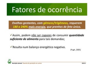 Fatores de ocorrência
Ovelhas gestantes, com gêmeos/trigêmeos, requerem
180 a 240% mais energia, que prenhes de feto único.
Assim, podem não ser capazes de consumir quantidade
suficiente de alimento para tais demandas;
Resulta num balanço energético negativo.
(Pugh, 2005)

Nutrição Animal: Toxemia da gestação em ovinos

EA111

 