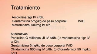 Tratamiento
Ampicilina 2gr IV c/6h.
Gentamicina 5mg/kg de peso corporal IVID
Metronidazol 500mg IV c/h.
Alternativas
Penicilina G millones UI IV c/6h. ( o vancomicina 1gr IV
c/12h.
Gentamicina 5mg/kg de peso corporal IVID
Clindamicina 900 mg IV c/8h. (o Cloranfenicol 50 mg/kg
 