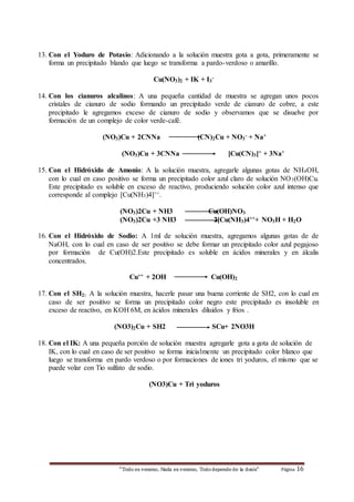 13. Con el Yoduro de Potasio: Adicionando a la solución muestra gota a gota, primeramente se 
forma un precipitado blando que luego se transforma a pardo-verdoso o amarillo. 
Cu(NO3)2 + IK + I3 
- 
14. Con los cianuros alcalinos: A una pequeña cantidad de muestra se agregan unos pocos 
cristales de cianuro de sodio formando un precipitado verde de cianuro de cobre, a este 
precipitado le agregamos exceso de cianuro de sodio y observamos que se disuelve por 
formación de un complejo de color verde-café. 
(NO3)Cu + 2CNNa (CN)2Cu + NO3 
- + Na+ 
(NO3)Cu + 3CNNa [Cu(CN)3]= + 3Na+ 
15. Con el Hidróxido de Amonio: A la solución muestra, agregarle algunas gotas de NH4OH, 
con lo cual en caso positivo se forma un precipitado color azul claro de solución NO3(OH)Cu. 
Este precipitado es soluble en exceso de reactivo, produciendo solución color azul intenso que 
corresponde al complejo [Cu(NH3)4]++. 
(NO3)2Cu + NH3 Cu(OH)NO3 
(NO3)2Cu +3 NH3 2[Cu(NH3)4+++ NO3H + H2O 
16. Con el Hidróxido de Sodio: A 1ml de solución muestra, agregamos algunas gotas de de 
NaOH, con lo cual en caso de ser positivo se debe formar un precipitado color azul pegajoso 
por formación de Cu(OH)2.Este precipitado es soluble en ácidos minerales y en álcalis 
concentrados. 
Cu++ + 2OH Cu(OH)2 
17. Con el SH2: A la solución muestra, hacerle pasar una buena corriente de SH2, con lo cual en 
caso de ser positivo se forma un precipitado color negro este precipitado es insoluble en 
exceso de reactivo, en KOH 6M, en ácidos minerales diluidos y fríos . 
(NO3)2Cu + SH2 SCu+ 2NO3H 
18. Con el IK: A una pequeña porción de solución muestra agregarle gota a gota de solución de 
IK, con lo cual en caso de ser positivo se forma inicialmente un precipitado color blanco que 
luego se transforma en pardo verdoso o por formaciones de iones tri yoduros, el mismo que se 
puede volar con Tio sulfato de sodio. 
(NO3)Cu + Tri yoduros 
“Todo es veneno, Nada es veneno, Todo depende de la dosis“ Página 16 

