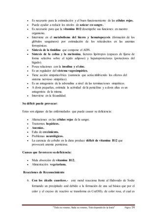  Es necesario para la estimulación y el buen funcionamiento de las células rojas. 
 Puede ayudar a reducir los niveles de azúcar en sangre. 
 Es necesario para que la vitamina B12 desempeñe sus funciones en nuestro 
“Todo es veneno, Nada es veneno, Todo depende de la dosis“ Página 14 
organismo. 
 Interviene en el metabolismo del hierro y hematopoyesis (formación de los 
glóbulos sanguíneos) por estimulación de los reticulocitos en las anemias 
ferropénicas. 
 Síntesis de la timidina que compone el ADN. 
 Síntesis de la colina y la metionina, factores lipótropos (capaces de fijarse de 
forma selectiva sobre el tejido adiposo) y hepatoprotectores (protectores del 
hígado). 
 Posee relaciones con la insulina y el zinc. 
 Es un regulador del sistema vagosimpático. 
 Tiene acción simpaticolítica (sustancia que actúa inhibiendo los efectos del 
sistema nervioso simpático). 
 Es un antagonista de la adrenalina a nivel de las terminaciones simpáticas. 
 A dosis pequeñas, estimula la actividad de la penicilina y a dosis altas es un 
antagonista de la misma. 
 Interviene en la fecundidad. 
Su déficit puede provocar: 
Estas son algunas de las enfermedades que puede causar su deficiencia: 
 Alteraciones en las células rojas de la sangre. 
 Trastornos hepáticos. 
 Anemias. 
 Falta de crecimiento. 
 Problemas neurológicos. 
 La carencia de cobalto en la dieta produce déficit de vitamina B12 que 
provocará anemia perniciosa. 
Causas que favorecen su deficiencia: 
 Mala absorción de vitamina B12. 
 Alimentación vegetariana. 
Reacciones de Reconocimiento 
6. Con los álcalis causticos.- este metal reacciona frente al Hidroxido de Sodio 
formando un precipitado azul debido a la formación de una sal básica que por el 
calor y el exceso de reactivo se transforma en Co(OH)2 de color rosa, el cual es 
 