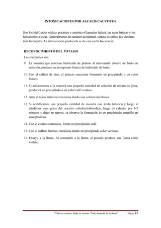 “Todo es veneno, Nada es veneno, Todo depende de la dosis“ Página 12
INTOXICACIONES POR ALCALIS CAUSTICOS
Son los hidróxidos sódico, potásico y amónico (llamados lejías), las sales básicas y los
hipocloritos (lejía). Generalmente de carácter accidental, siendo los niños las victimas
más frecuentes. La intoxicación producida se da con cierta frecuencia.
RECONOCIMIENTO DEL POTASIO
Las reacciones son:
9. La muestra que contiene hidróxido de potasio al adicionarle cloruro de bario en
solución, produce un precipitado blanco de hidróxido de bario.
10. Con el sulfato de zinc, el potasio reacciona formando un precipitado o un color
blanco.
11. Si adicionamos a la muestra una pequeña cantidad de solución de nitrato de plata,
producirá un precipitado o un color café verdoso.
12. Ante el ácido tartárico reacciona dando una coloración blanca.
13. Si acidificamos una pequeña cantidad de muestra con ácido tartárico y luego le
añadimos unas gotas del reactivo cobaltinitrilosodico, luego de calentar por 1-2
minutos y dejar en reposo, se observa la formación de un precipitado amarillo en
caso positivo.
14. Con el cloruro estannoso, forma un precipitado café.
15. Con el sulfato ferroso, reacciona dando un precipitado color verdoso.
16. Ensayo a la llama. Al someterlo a la llama, el potasio produce una llama color
violeta.
 