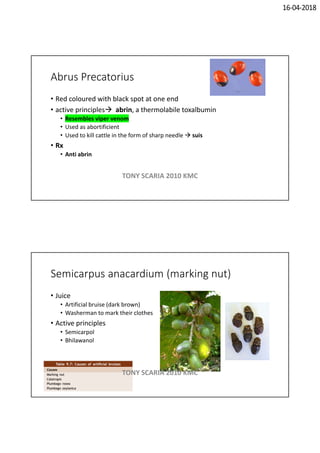16-04-2018
Abrus Precatorius
• Red coloured with black spot at one end
• active principles abrin, a thermolabile toxalbumin
• Resembles viper venom
• Used as abortificient
• Used to kill cattle in the form of sharp needle  suis
• Rx
• Anti abrin
TONY SCARIA 2010 KMC
Semicarpus anacardium (marking nut)
• Juice
• Artificial bruise (dark brown)
• Washerman to mark their clothes
• Active principles
• Semicarpol
• Bhilawanol
TONY SCARIA 2010 KMC
 