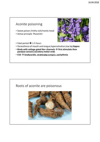 16-04-2018
Aconite poisoning
• Sweet poison /mitha vish/monks hood
• Active principle aconitin
• Fatal period  1-5 hours
• Paraesthesia of mouth and tongue,hypersalivation,low bp,hippus
• Binds with voltage gated Na+ channels  first stimulate then
paralyse sensory secretory motor ends
• CVS  bradycardia ,ventricular ectopic , arrhythmiaTONY SCARIA 2010 KMC
Roots of aconite are poisonous
TONY SCARIA 2010 KMC
 