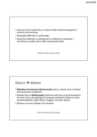 16-04-2018
• Dryness of the mouth (dry as a bone), bitter taste burning pain in
stomach and vomiting.
• Dysphagia (diffculty in swallowing).
• Dysarthria (diffculty in talking) due to inhibition of salivation—
mumbling in quality and is often incomprehensible
TONY SCARIA 2010 KMC
Datura  dilation
• Dilatation of cutaneous blood vessels (red as a beet). Face is ﬂushed
and conjunctiva congested.
• Diplopia due to dilated pupil (mydriasis) with loss of accommodation
for near vision, developing into temporary blindness (blind as a bat)
and photophobia. Light reﬂex is sluggish, and later absent
• Dilation of urinary bladder d/t retention
TONY SCARIA 2010 KMC
 