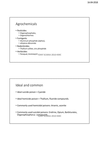 16-04-2018
Agrochemicals
• Pesticides
• Organophosphates,
• Organochlorines
• Fumigants
• Aluminum phosphide (alphos),
• ethylene dibromide
• Rodenticides
• Thallium sulfate, zinc phosphide
• Herbicides
• Paraquat, bromoxynil TONY SCARIA 2010 KMC
Ideal and common
• Ideal suicide poison = Cyanide
• Ideal homicide poison = Thallium, fluoride compounds.
• Commonly used homicidal poisons: Arsenic, aconite
• Commonly used suicidal poisons: Endrine, Opium, Barbiturates,
Organophosphorus compounds.
TONY SCARIA 2010 KMC
 