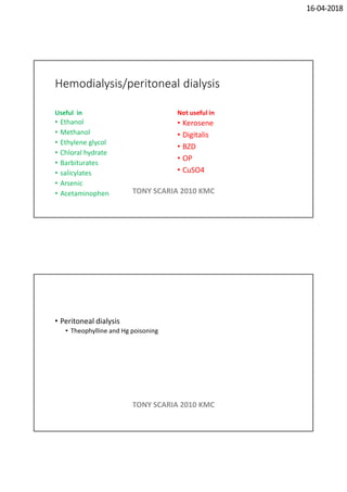 16-04-2018
Hemodialysis/peritoneal dialysis
Useful in
• Ethanol
• Methanol
• Ethylene glycol
• Chloral hydrate
• Barbiturates
• salicylates
• Arsenic
• Acetaminophen
Not useful in
• Kerosene
• Digitalis
• BZD
• OP
• CuSO4
TONY SCARIA 2010 KMC
• Peritoneal dialysis
• Theophylline and Hg poisoning
TONY SCARIA 2010 KMC
 