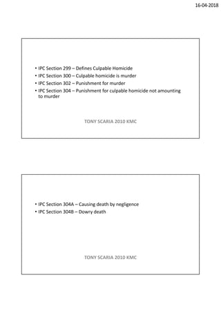 16-04-2018
• IPC Section 299 – Defines Culpable Homicide
• IPC Section 300 – Culpable homicide is murder
• IPC Section 302 – Punishment for murder
• IPC Section 304 – Punishment for culpable homicide not amounting
to murder
TONY SCARIA 2010 KMC
• IPC Section 304A – Causing death by negligence
• IPC Section 304B – Dowry death
TONY SCARIA 2010 KMC
 