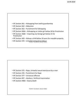 16-04-2018
• IPC Section 361 – Kidnapping from lawful guardianship
• IPC Section 362 – Abduction
• IPC Section 363 – Punishment for kidnapping
• IPC Section 366A – Kidnapping an Indian girl below 18 for Prostitution
• IPC Section 366B – Importing any foreign girl below 21 for
Prostitution
• IPC Section 369 – Kidnap a child below 10 years for movable property
• IPC Section 374 – Unlawful compulsory labour
TONY SCARIA 2010 KMC
• IPC Section 375 – Rape, Unlawful sexual intercourse by a man
• IPC Section 376 – Punishment for Rape
• IPC Section 377 – Unnatural offences
• IPC Section 497 – Adultery / Artificial Insemination
• IPC Section 498A – Dowry death
TONY SCARIA 2010 KMC
 