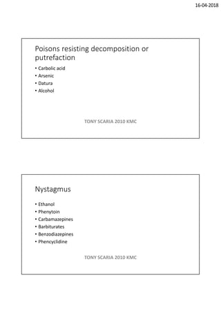 16-04-2018
Poisons resisting decomposition or
putrefaction
• Carbolic acid
• Arsenic
• Datura
• Alcohol
TONY SCARIA 2010 KMC
Nystagmus
• Ethanol
• Phenytoin
• Carbamazepines
• Barbiturates
• Benzodiazepines
• Phencyclidine
TONY SCARIA 2010 KMC
 