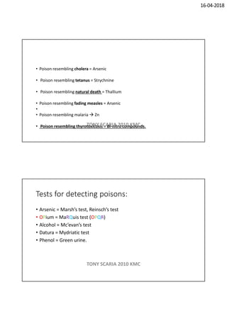 16-04-2018
• Poison resembling cholera = Arsenic
• Poison resembling tetanus = Strychnine
• Poison resembling natural death = Thallium
• Poison resembling fading measles = Arsenic
•
• Poison resembling malaria  Zn
• Poison resembling thyrotoxicosis = Bi-nitro compounds.TONY SCARIA 2010 KMC
Tests for detecting poisons:
• Arsenic = Marsh’s test, Reinsch’s test
• OPium = MaRQuis test (OPQR)
• Alcohol = Mc’evan’s test
• Datura = Mydriatic test
• Phenol = Green urine.
TONY SCARIA 2010 KMC
 