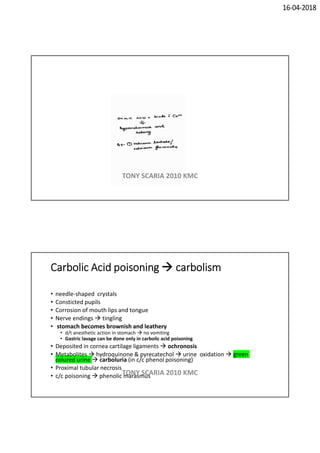 16-04-2018
TONY SCARIA 2010 KMC
Carbolic Acid poisoning  carbolism
• needle-shaped crystals
• Consticted pupils
• Corrosion of mouth lips and tongue
• Nerve endings  tingling
• stomach becomes brownish and leathery
• d/t anesthetic action in stomach  no vomiting
• Gastric lavage can be done only in carbolic acid poisoning
• Deposited in cornea cartilage ligaments  ochronosis
• Metabolites  hydroquinone & pyrecatechol  urine oxidation  green
colured urine  carboluria (in c/c phenol poisoning)
• Proximal tubular necrosis
• c/c poisoning  phenolic marasmusTONY SCARIA 2010 KMC
 