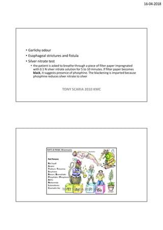 16-04-2018
• Garlicky odour
• Esophageal strictures and fistula
• Silver nitrate test
• the patient is asked to breathe through a piece of filter paper impregnated
with 0.1 N silver nitrate solution for 5 to 10 minutes. If filter paper becomes
black, it suggests presence of phosphine. The blackening is imparted because
phosphine reduces silver nitrate to silver
TONY SCARIA 2010 KMC
TONY SCARIA 2010 KMC
 