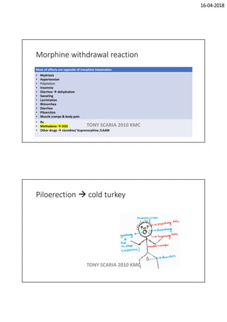 16-04-2018
Morphine withdrawal reaction
Most of effects are opposite of morphine intoxication
• Mydriasis
• Hypertension
• Palpitation
• Insomnia
• Diarrhea  dehydration
• Sweating
• Lacrimation
• Rhinorrhea
• Diarrhea
• Piloerction
• Muscle cramps & body pain
• Rx
• Methadone  DOC
• Other drugs  clonidine/ buprenorphine /LAAM
TONY SCARIA 2010 KMC
Piloerection  cold turkey
TONY SCARIA 2010 KMC
 