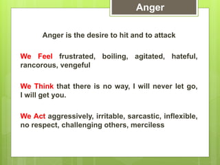 Anger is the desire to hit and to attack
We Feel frustrated, boiling, agitated, hateful,
rancorous, vengeful
We Think that there is no way, I will never let go,
I will get you.
We Act aggressively, irritable, sarcastic, inflexible,
no respect, challenging others, merciless
Anger
 