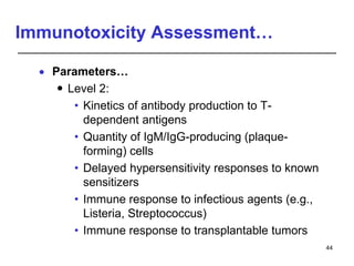 Immunotoxicity Assessment…
 Parameters…
 Level 2:
• Kinetics of antibody production to T-
dependent antigens
• Quantity of IgM/IgG-producing (plaque-
forming) cells
• Delayed hypersensitivity responses to known
sensitizers
• Immune response to infectious agents (e.g.,
Listeria, Streptococcus)
• Immune response to transplantable tumors
44
 