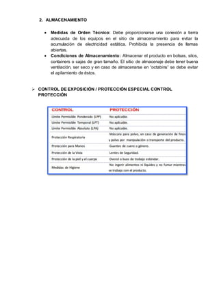2. ALMACENAMIENTO 
 Medidas de Orden Técnico: Debe proporcionarse una conexión a tierra 
adecuada de los equipos en el sitio de almacenamiento para evitar la 
acumulación de electricidad estática. Prohibida la presencia de llamas 
abiertas. 
 Condiciones de Almacenamiento: Almacenar el producto en bolsas, silos, 
containers o cajas de gran tamaño. El sitio de almacenaje debe tener buena 
ventilación, ser seco y en caso de almacenarse en “octabins” se debe evitar 
el apilamiento de éstos. 
 CONTROL DE EXPOSICIÓN / PROTECCIÓN ESPECIAL CONTROL 
PROTECCIÓN 
 