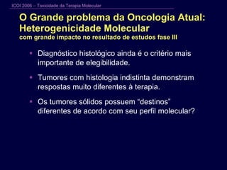 O Grande problema da Oncologia Atual: Heterogenicidade Molecular  com grande impacto no resultado de estudos fase III Diagnóstico histológico ainda é o critério mais importante de elegibilidade. Tumores com histologia indistinta demonstram respostas muito diferentes à terapia. Os tumores sólidos possuem “destinos” diferentes de acordo com seu perfil molecular? 