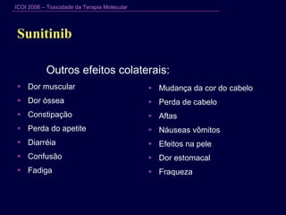 Sunitinib  Outros efeitos colaterais: Dor muscular Dor óssea Constipação Perda do apetite Diarréia Confusão Fadiga  Mudança da cor do cabelo Perda de cabelo Aftas Náuseas vômitos Efeitos na pele Dor estomacal Fraqueza  